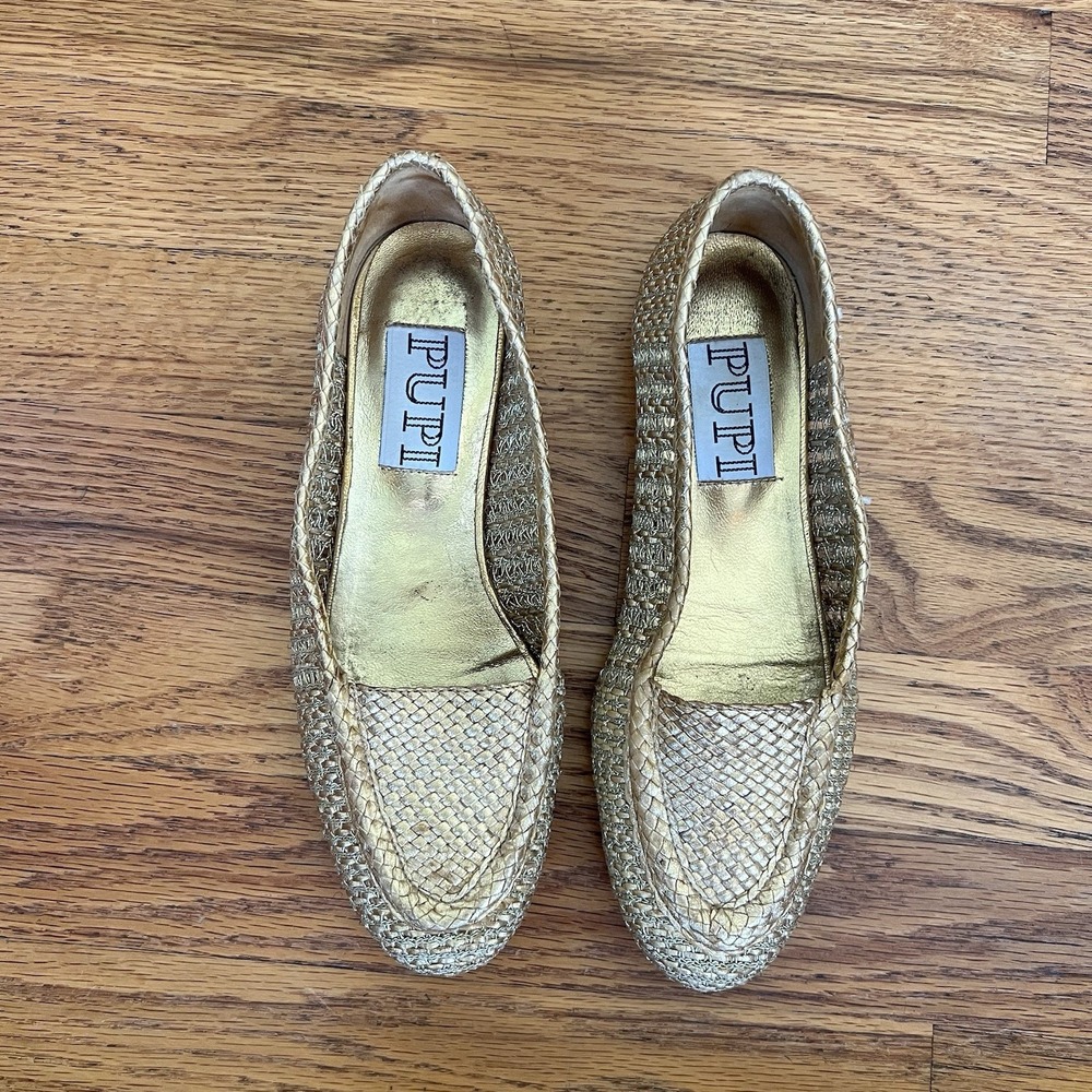 Vintage Pupi Dangieri Designer Italy Shoes Gold All Leather Woven 6.5B Glam RARE - Picture 3 of 7